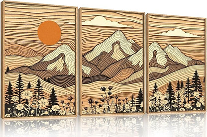 HPNIUB Woodcut Style Mountain Framed Wall Art Set,Abstract Wilderness Forest Wall Decor,Vintage Boho Sunset Art Print,Brown Line Nature Forest Scenery Artwork for Living Room,Bedroom,Office-24 x36 x3