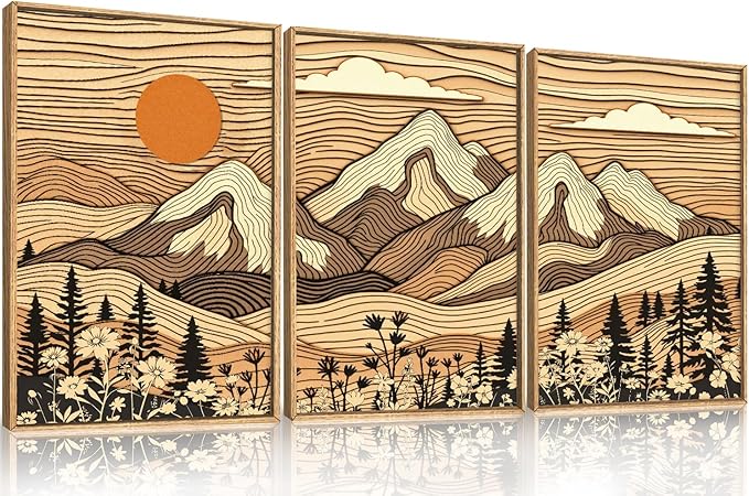 HPNIUB Woodcut Style Mountain Framed Wall Art Set,Abstract Wilderness Forest Wall Decor,Vintage Boho Sunset Art Print,Brown Line Nature Forest Scenery Artwork for Living Room, Bedroom,Office-16"x24"x3