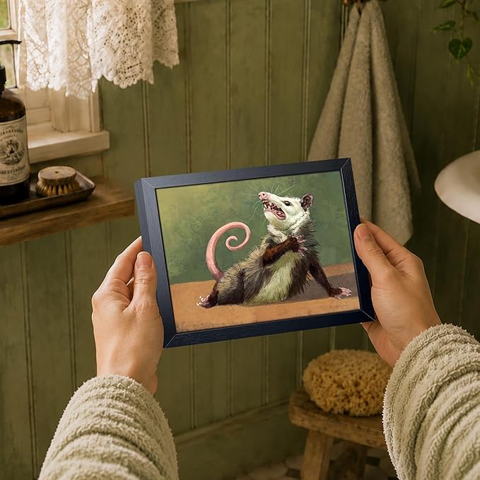 Funny Animals Opossum Wall Art, Whimsical Opossum Canvas Wall Decor Posters, Cute Possum Humor Animal Lovers Prints Painting for Living Room Bedroom Dorm Decor 8x10 Inch Framed