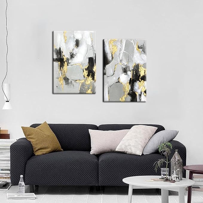 Framed Abstract Black Gold Wall Art Set of 2, Modern Black White Gold Canvas Prints Poster Picture for Living Room, Bedroom and Office Wall Decor 16 x 24 Inch