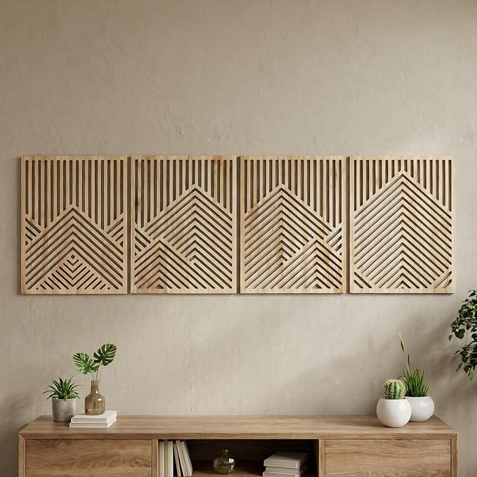 Wesiti 4 Pcs Wooden Mountain Wall Art Decor Large Abstract Wall Art for Living Room Modern Wood Panel Line Sculptures Nature Rustic Forest Hanging Decor for Office Bedroom Bathroom 15.7 x 12.2''