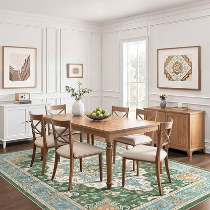 8x10 Area Rugs Living Room: Washable Boho Large Neutral Vintage Soft Rug Stain Resistant Farmhouse Non-Slip Indoor Floor Retro Carpet for Bedroom Nursery Kids Office Dining Room- Green Multi