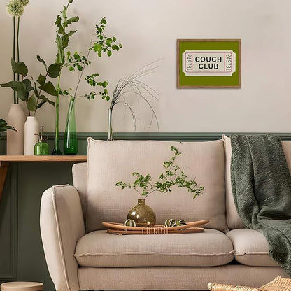 Vintage Framed Wall Art, Couch Club Ticket Canvas Wall Decor Painting, Retro Green Minimalist Quote Poster Print Picture for Living Room Bathroom Home Decor 12x16 Inch