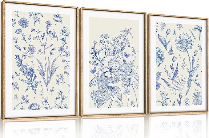 KAIRNE Navy Blue and White Floral Framed Canvas Wall Art Set,Chinoiserie Flower Wall Decor,Watercolor Botanical Art Prints,Modern Wildflower Artwork for Living Room,Bedroom,Farmhouse,Office-16 x24 x3