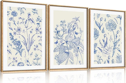 KAIRNE Navy Blue and White Floral Framed Canvas Wall Art Set,Chinoiserie Flower Wall Decor,Watercolor Botanical Art Prints,Modern Wildflower Artwork for Living Room,Bedroom,Farmhouse,Office-16 x24 x3