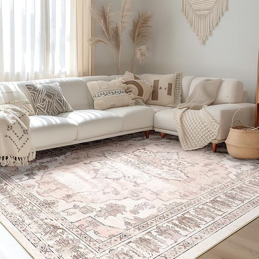 BESTSWEETIE 5x7 Area Rug Washable Rugs for Living Room, No Pile Boho Carpet for Entryway Bedroom Dinning Room, Vintage Carpet Print Distressed Non-Slip, 5 x 7 ft, Pink Beige Grey