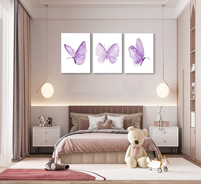 3Pcs Butterfly Canvas Wall Art Purple Butterfly Posters Pictures Minimalist Cute Animal Paintings Aesthetic Preppy Room Prints for Girls Bedroom Nursery Home Wall Decor Gift Framed
