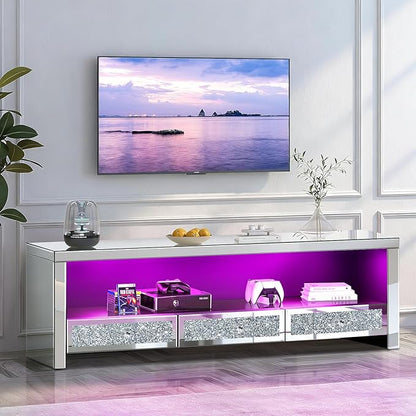 Silver Mirrored LED TV Stand with Crushed Diamond Drawers, Media Console Table with RGB LED Lights, Entertainment Center for TVs Up to 65 Inch, TV Cabinet with Storage Drawers for Living Room Bedroom
