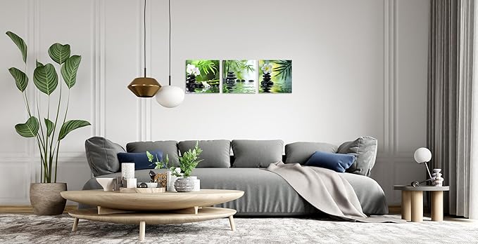 TutuBeer 3 Panels Zen Canvas Wall Art Spa Wall Art Spa Stones White Orchid Flower and Green Bamboo Pictures Prints on Canvas for Home Office Wall Decor Stretched and Framed Each Panel 12x12inch