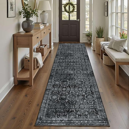 Rugxara 2'6''x8' Runner Rug, Washable Kitchen Rugs, Black Boho Vintage Floral Hallway Runner, Non Slip Low Pile Area Rug Carpet for Hallway, Kitchen, Laundry Room and Bathroom(Black 2.6x8ft)