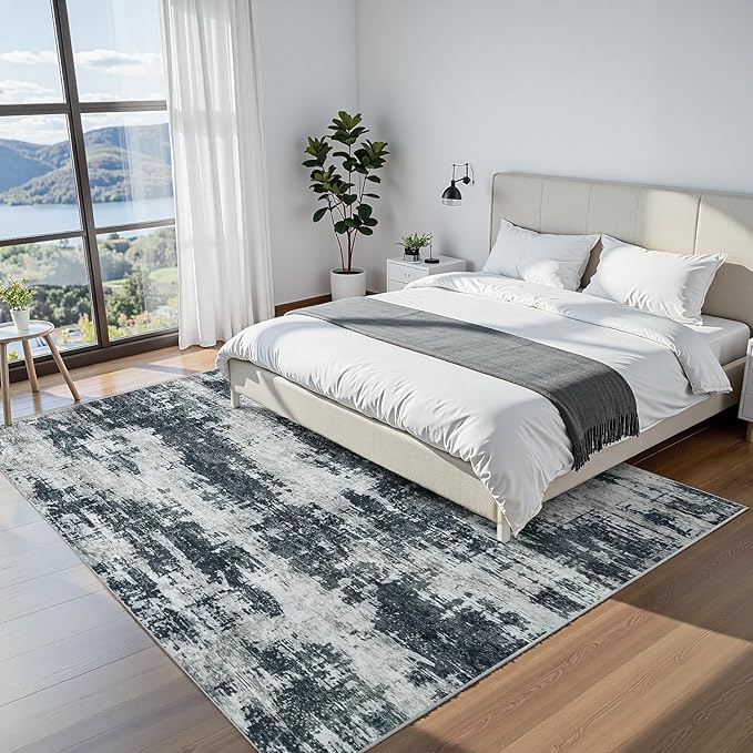 Area Rug 8x10 Living Room Rug Washable: No-Slip Abstract Soft Thin Large Black Rugs, Indoor Floor Stain Resistant Modern Carpet for Bedroom Dining Room Farmhouse Nursery Home Office (Black, 8'x10')