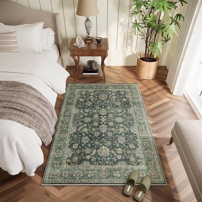 Washable 3x5 Entryway Rug, Boho Non-Slip Vintage Distress Small Rugs for Kitchen Nursery Office Bedroom, 0.3" Neutral Oriental Throw Thin Carpet with Cushioning Pad, Sage Green/Multi, E1