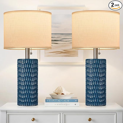 Reaketon Table Lamps for Living Room Set of 2, Ceramic Table Lamps for Bedroom, 20" Modern Lamps for Night Stands, Blue