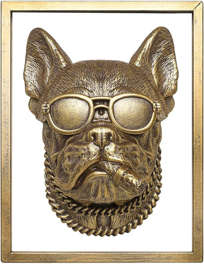 Animal Heads Wall Decor (Includes Metal Frame) Resin Animals Sculptures Head Wall Hanging Decoration Gold vintage Wall Sculpture for Living Room Bedroom Office(Bulldog)