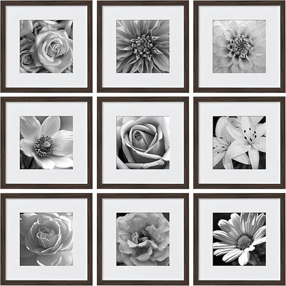 eletecpro 12x12 Picture Frames Set of 9 with Mat for 8x8 Photos or without Mat for 12x12, Square Gallery Wall Decor Collage for Picture Display, Walnut Brown Frame Set for Wall Hanging