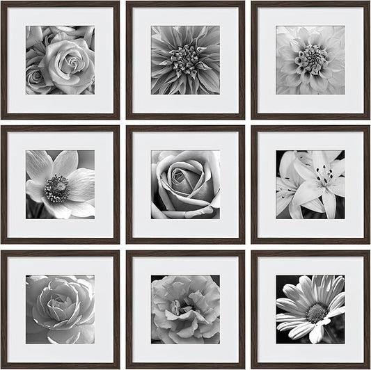 eletecpro 12x12 Picture Frames Set of 9 with Mat for 8x8 Photos or without Mat for 12x12, Square Gallery Wall Decor Collage for Picture Display, Walnut Brown Frame Set for Wall Hanging