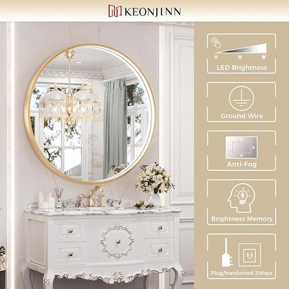 Keonjinn 32 Round LED Mirror for Bathroom with Lights, 3 Color Lights Gold Metal Framed Frontlit, Circular Wall Vanity Mirror Dimmable Makeup Mirror Anti Fog UL Listed CRI≥90