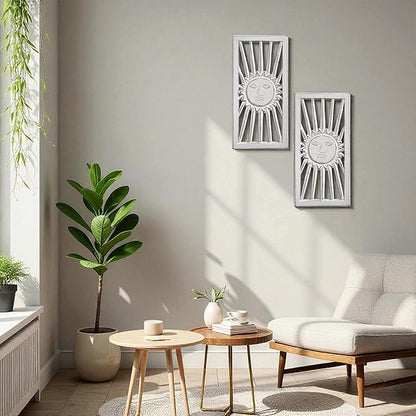 Wood Wall Art - Wall Panels in Handcrafted Carved Wood For Livingroom Bedroom,Dining room,Elegant Decorative Wall Art for Home & Office 8x16" Set of 2 White Antique_Sun Burst Designs
