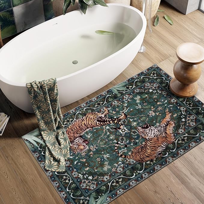 Tiger Washable Rugs 3x5ft, Green Entryway Jungle Rugs Non Slip, Soft Botanical Area Carpets for Bedroom, Low Pile Accent Floor Carpet for Kitchen Laundry Living Room Dorm Nursery Office