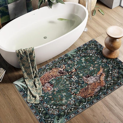 Tiger Washable Rugs 3x5ft, Green Entryway Jungle Rugs Non Slip, Soft Botanical Area Carpets for Bedroom, Low Pile Accent Floor Carpet for Kitchen Laundry Living Room Dorm Nursery Office