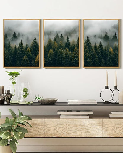Drsoum Fog Pine Tree Landscape Wall Art Framed Nature Misty Nordic Forests Prints Morden Farmhouse Rustic Artwork Hallway Bathroom Ready to Hang 12x16in Natural Framed