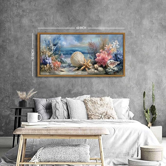 Ocean Beach Framed Wall Art Coastal Room Decor Rustic Starfish Seashell Landscape Picture Canvas Prints for Living Room Coral Flowers Decor Seaside Conch Poster Sea View Artwork Home Decoration 30x57.8"