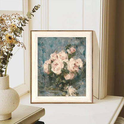 ASTRDECOR Framed Vintage Wall Art for Living Room, Vintage Floral Home Decor Aesthetic, Victorian Pink Rose Bouquet Oil Painting Blue Canvas Wall Art Prints, Antique Flower Pictures Blue Artwork for Living Room-10''x12''
