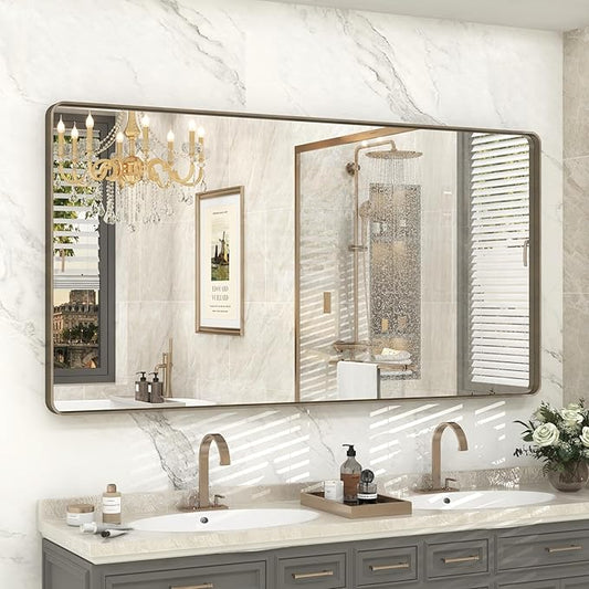 60x30 Bronze Bathroom Mirror for Wall, Brushed Metal Bronze Framed Bathroom Vanity Mirror, Rounded Rectangle Mirror, Shatterproof, Anti-Rust (Horizontal/Vertical)