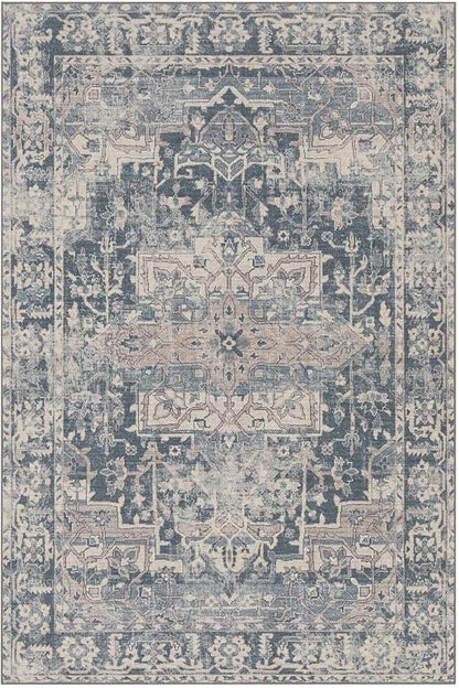 Rugxara 10x14 Area Rugs for Living Room Bedroom, Large Washable Rug, Blue Vintage Retro Boho Rug, Non Slip & Low Pile Faux Wool Thin Carpet for Indoor Dining Room and Kids Room(Blue 10x14ft)