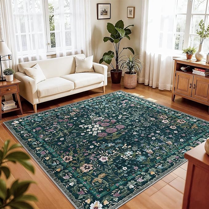 5x5 Living Room Area Rug Washable: Floral Non-Slip Mats for Indoor Floor Entryway Dining Room Bedroom - Soft Thin Carpet for Vintage Neutral Home Decor (5ft Square, Green)