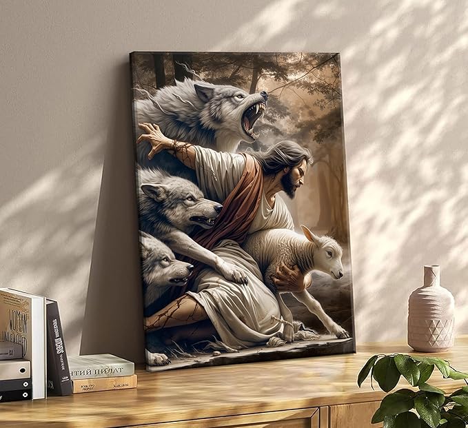 Jesus and Lamb Canvas Wall Art Jesus Saves the Lost Sheep Christian Wall Decor Painting Shepherd Protect a Lamb from Wolves Picture Poster Print Artwork for Living Room Bedroom Church Decor 12x16in
