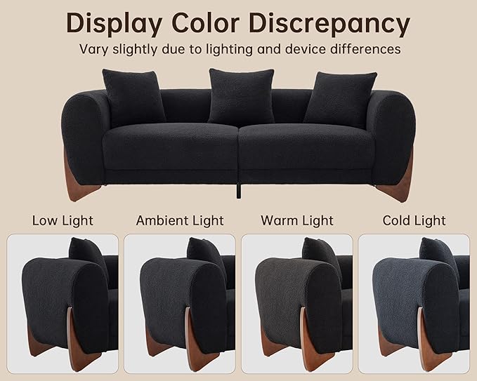 Morden Fort Sherpa Boucle Chair Single, Tilted Modern Wood Chair with Thick Cushion Comfortable Lumbar Pillow Armless Reading Accent Chair Compatible with Sofa Set Couch for Living Room, Black