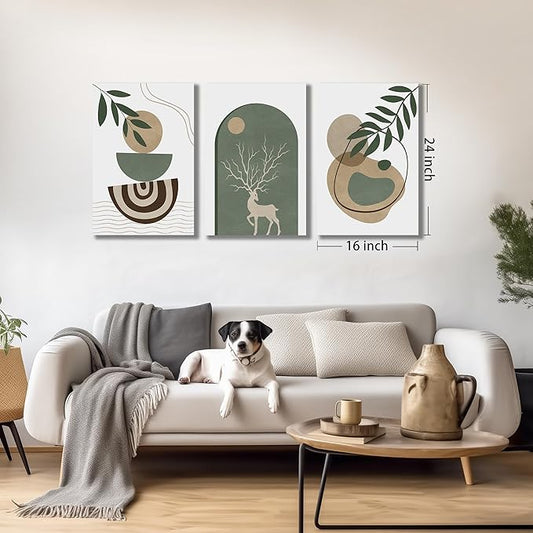 Boho Sun Canvas Wall Art Set of 3, Neutral Abstract Minimalismt Bohemian Geometric & Botanical Plants Pictures Prints Artwork Paintings Wall Decor for Bedroom Living Room Home Decoration 16x24 inches