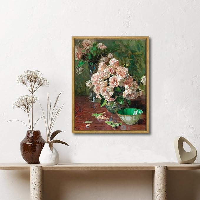 Pyradecor Vintage Retro Framed Wall Art White Roses Canvas Prints Mid Century Wall Decor Bedroom Decor for Living Room Farmhouse Kitchen Decorations
