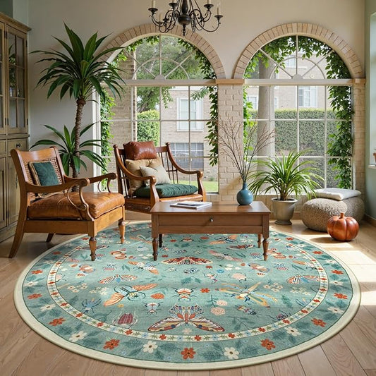 Lahome Insect Washable Round Area Rug, Soft Round Rugs 6ft Ultra-Thin Non-Slip, Boho Large Circle Carpet for Bedroom Living Room Kitchen Nursery Vionnet, Green