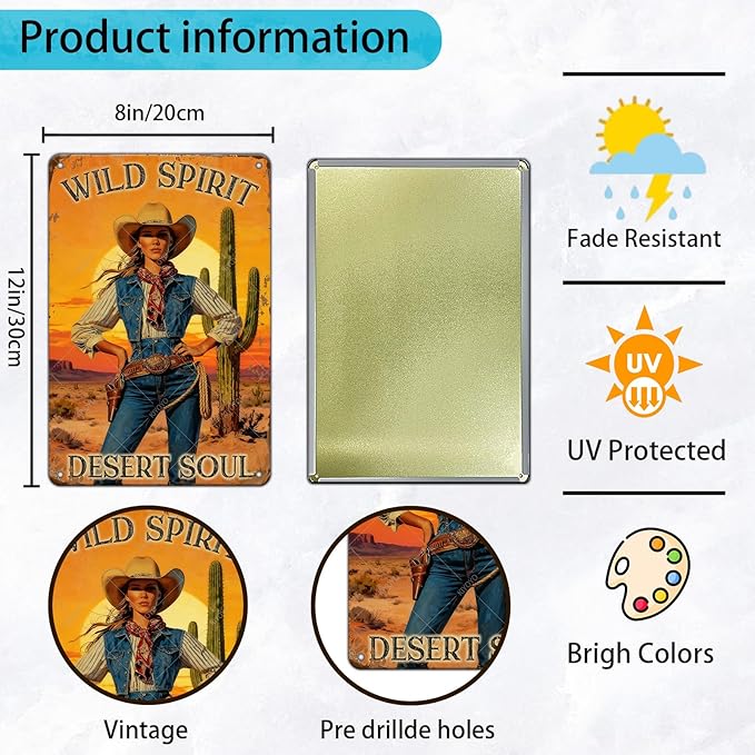Cowgirl Vintage Metal Sign Wild Spirit Desert Soul Sign Retro Metal Plaque for Home Bar Garage Coffee Shop Wall Decoration 12x8 Inch