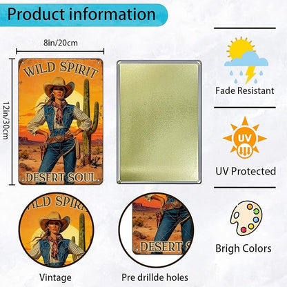 Cowgirl Vintage Metal Sign Wild Spirit Desert Soul Sign Retro Metal Plaque for Home Bar Garage Coffee Shop Wall Decoration 12x8 Inch