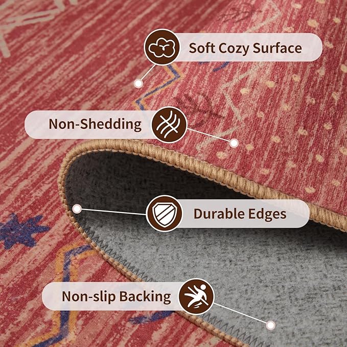 SERISSA 3x5 Area Rugs for Living Room, Washable Non-Slip Red Ochre Small Boho Rug, Soft Low-Pile Geometric Indoor Throw Carpet for Bedroom Kitchen Dining Room Office