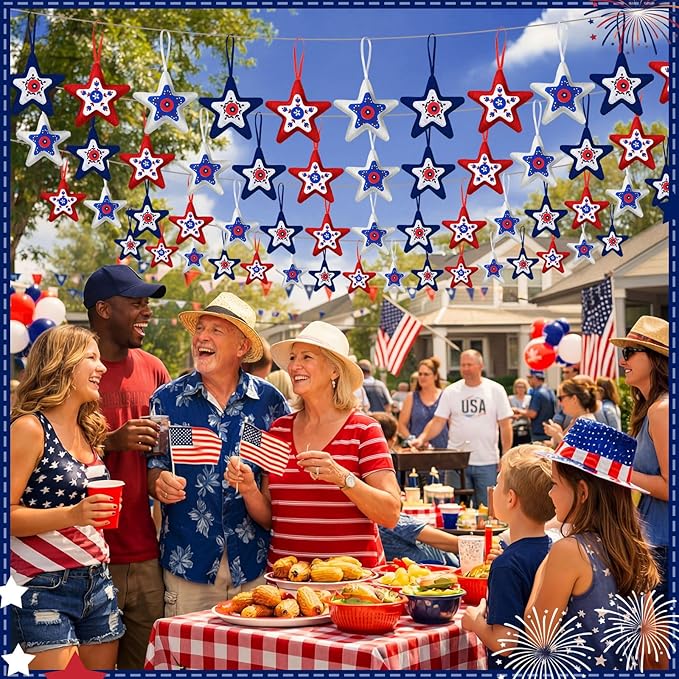 Soulchen 12 Pcs Red White Blue Ornaments Patriotic Felt Star Hanging Ornaments 4th of July Stuffed Star Hanging Decor for 250th Anniversary Memorial Independence Day Farmhouse Party