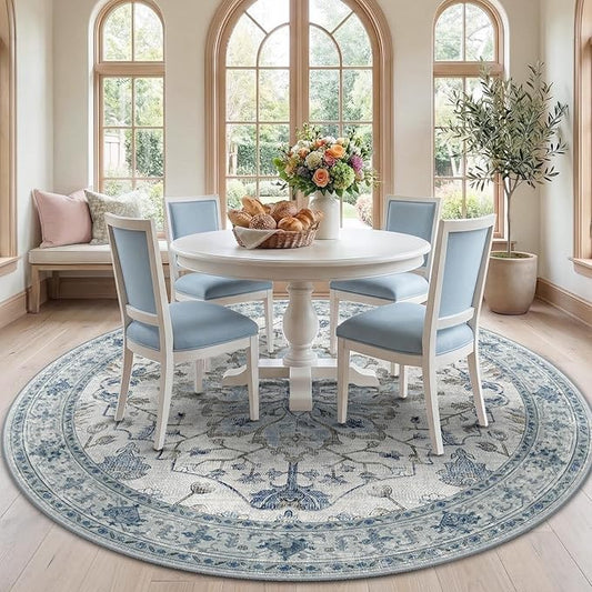 RELEANY Area Rugs Round 7ft Washable Non-Slip, Floral Vintage Distress Print Pattern Medallion Carpet for Living Room Bedroom Dining Room, Light Blue Navy Beige Gray White