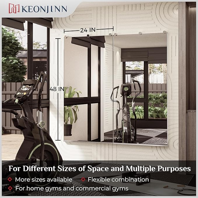 Keonjinn Home Gym Mirror, 48" x 24" x 2Pcs, Large Exercise Mirror, Frameless Full Body Mirrors, Tempered Glass, Wall Mounted for Gym, Yoga, Bedroom, Dance Studio