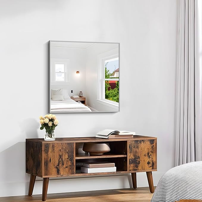 KOCUUY Silver Framed Mirror, 24"x24" Square Bathroom Mirror for Wall, HD Tempered Glass, Anti-Rust Frame, Modern Design for Bathroom, Bedroom, Living Room, Entryway