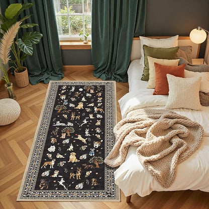 Black Floral Dog Rug Runner, 2x5 Washable Kitchen Mat Ultra-Thin Soft, Non-Slip Indoor Door Carpet Stain Resistant Boho Small Low-Pile Throw for Bathroom Bedroom