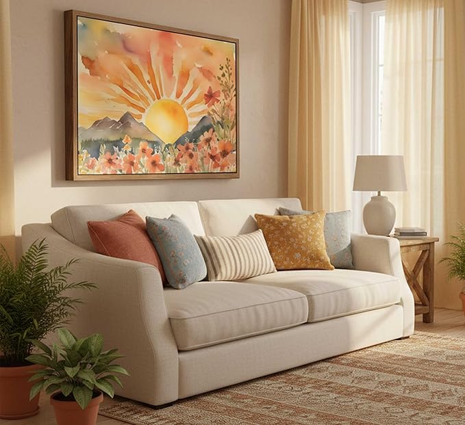Framed Boho Sun Canvas Wall art Mid-Century Modern Abstract Bohemian Sunset in The Mountains Watercolor Wildflowers Sunrise Landscape Picture Wall Decor Poster Print Artwork for Living Room