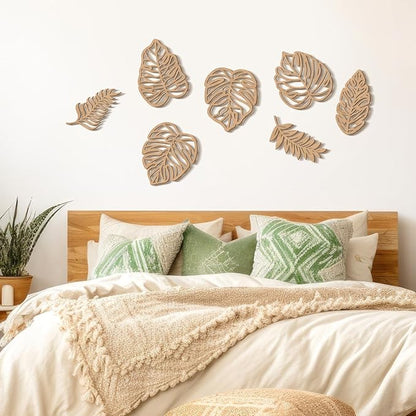 Namalu 7 Pcs Tropical Wall Decor Jungle Monstera Wall Art Boho Palm Leaf Wooden Decoration Tropical Nursery Decor Vintage Natural Monstera Leaf Plaque for Farmhouse Kitchen Bedroom Garden(Wood Color)