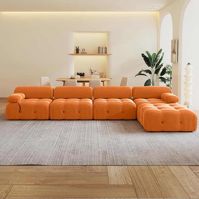 138'' Modular Sectional Couch, L-Shaped Velvet Sofa with Reversible Chaise Ottoman, Minimalist Bubble Couch, Modern Cloud Sectional Couches for Living Room, Apartment (4 Seats, 1 Ottoman, Orange)