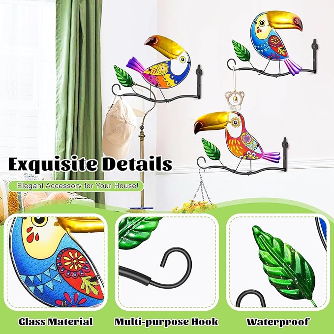 3PCS Metal Owl Wall Art Decor Hooks, 3D Colorful Stained Glass Hanger for Flower Baskets Wind Chimes Lanterns, Indoor & Outdoor wall Decor for Garden Porch Living Room Balcony(Toucan)