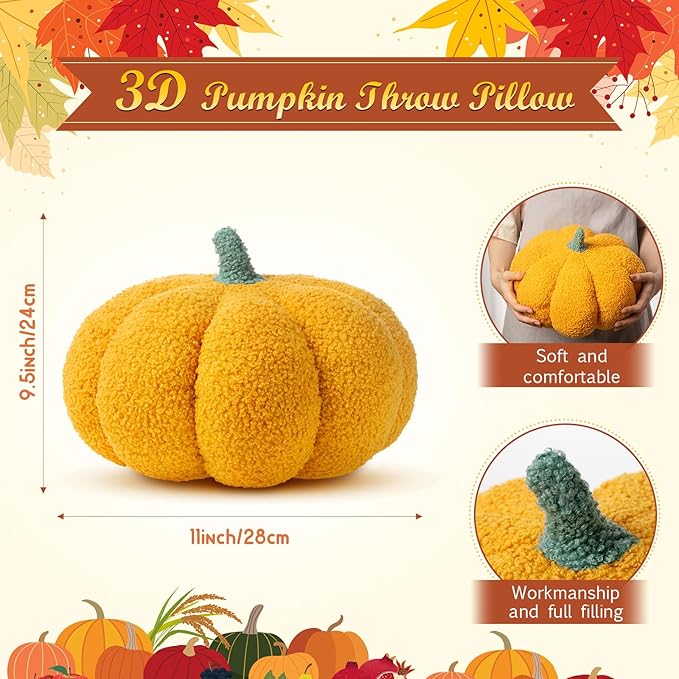 Kajaia 1 Pcs Simulated Pumpkin Plush Pillow 11 x 9.5 Inch 3D Cushion Fall Decorations Stuffed Throw Pillows Toy for Fall Halloween Thanksgiving Bedroom Sofa Couch Supplies (Yellow)