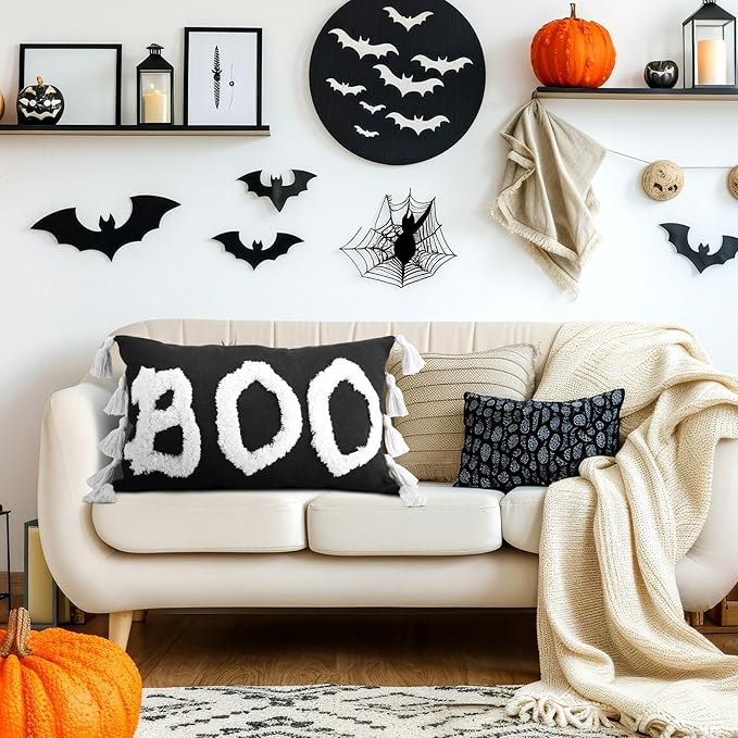 Yuntau Halloween Throw Pillow Cover with Tassels 12 x 20 Inch Decorative Boo Pillowcase Embroidery Furry Plush Boo Cushion Cover Halloween Decorations for Home Bedroom Sofa Couch Living Room Outdoor