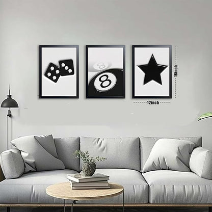Black And White Wall Art Set of 3, Vintage Y2k Dice 8 Ball Canvas Prints Painting, Funky Lucky Preppy Posters Pictures For Game Room Apartment Dorm Teenager Room Wall Decor 12x16 Inch Framed